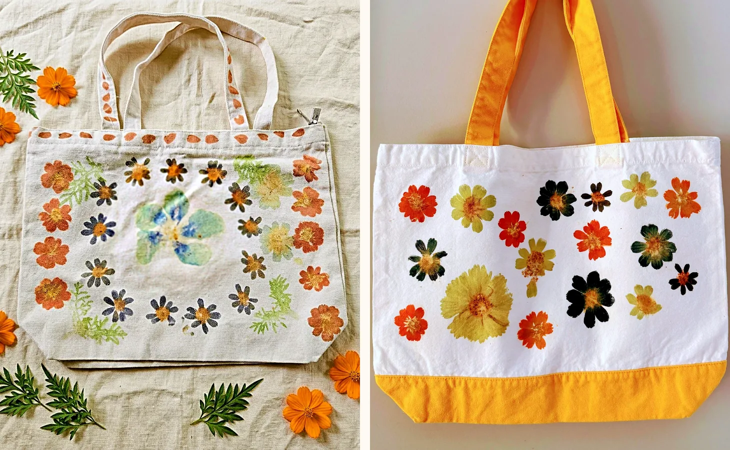 Two finished pound-dyed tote bags side by side: a cream tote with a ring of cosmos and daisy prints on linen, and a yellow-handled tote covered in scattered orange, chartreuse, and deep green cosmos prints